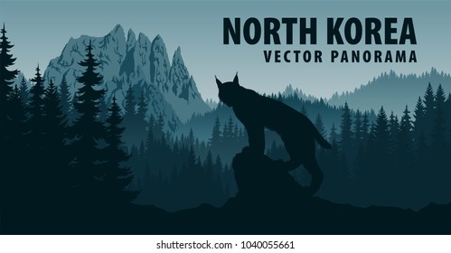 vector panorama of North Korea with mountain Chilbosan and lynx in woodland