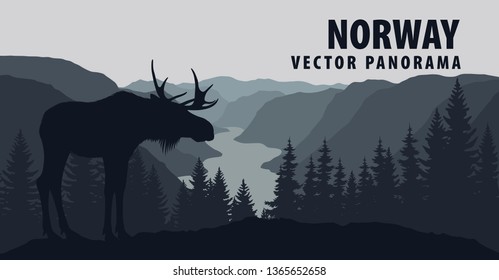 vector panorama of Norway with moose