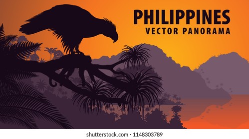 vector panorama of Philippines with philippine Eagle - Pithecophaga jefferyil and monkey