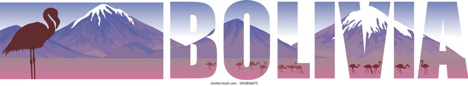 Vector Panorama With Pink Flamingos In Mountains Lake - Bolivia, South America