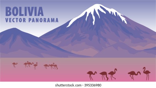 vector panorama with Pink flamingos in mountains Lake in Bolivia