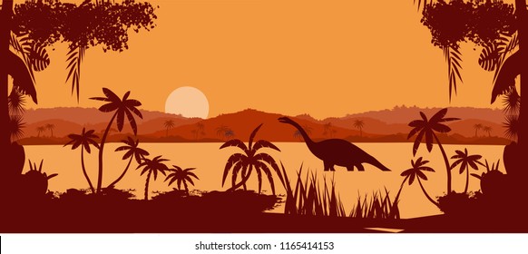 vector panorama of  prehistoric tropical lake, with dinosaurs silhouettes