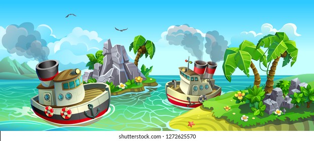 Vector panorama of ships and palm trees. Steel steamers in tropical sea among islands.