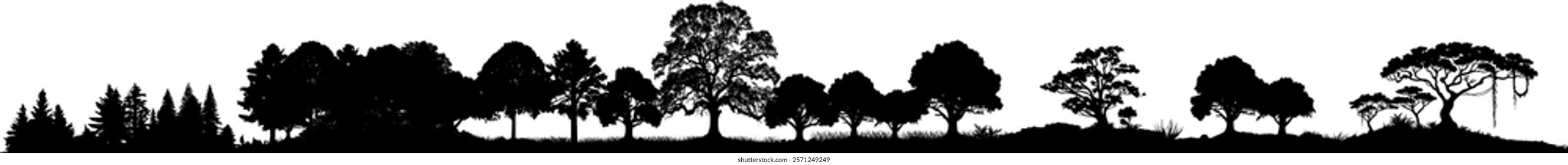 Vector panorama silhouette nature - landscape with trees and different tree species - forest with vegetation