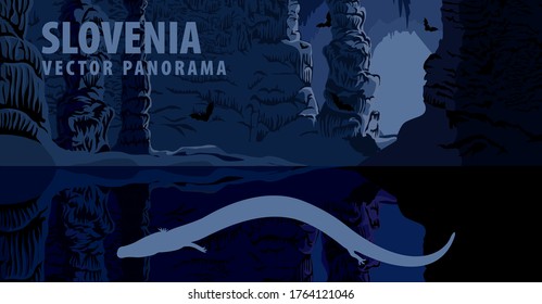 Vector Panorama Of Slovenia With Olm In Cave