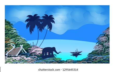 Vector panorama of the South Asian landscape. Tropical nature, elephant, sea. Fits like Vietnam, Bali, Malaysia and other southern countries.