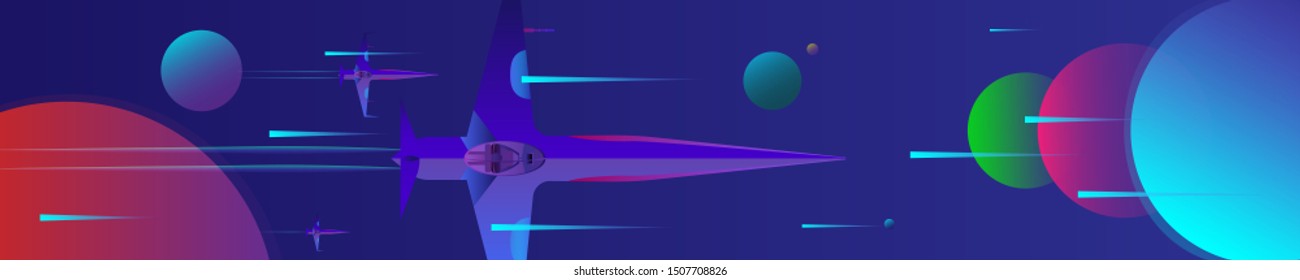 Vector panorama of spaceships flying through the unexplored galaxy between planets unidentified. Panorama space. Vector Panorama. Vector graphics
