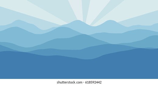 Vector panorama with a spacious view of the rising sun due to the mountain ranges. Flat material design style scenery of high hills and a dawn for the banner background or a website header