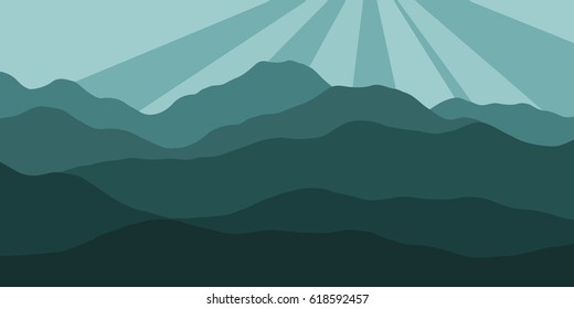 Vector panorama with a spacious view of the rising sun due to the mountain ranges. Flat material design style scenery of high hills and a dawn for the banner background or a website header
