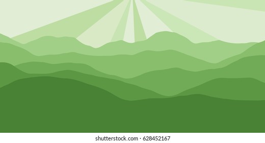 Vector panorama with a spacious view of the rising sun due to the mountain ranges. Flat material design style scenery of high hills and a dawn for the banner background or a website header