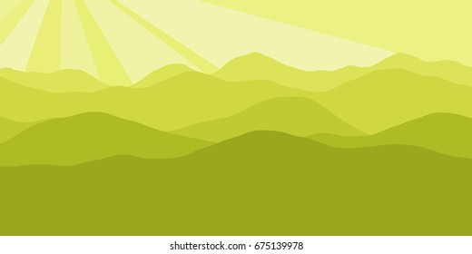Vector panorama with a spacious view of the rising sun due to the mountain ranges. Flat material design style scenery of high hills and a dawn for the banner background or a website header