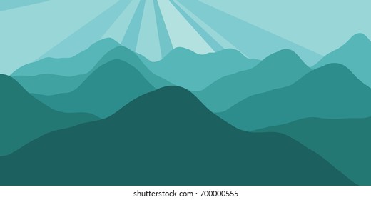 Vector panorama with a spacious view of the rising sun due to the mountain ranges. Flat material design style scenery of high hills and a dawn for the banner background or a website header