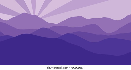 Vector panorama with a spacious view of the rising sun due to the mountain ranges. Flat material design style scenery of high hills and a dawn for the banner background or a website header