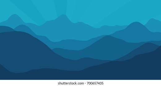 Vector panorama with a spacious view of the rising sun due to the mountain ranges. Flat material design style scenery of high hills and a dawn for the banner background or a website header