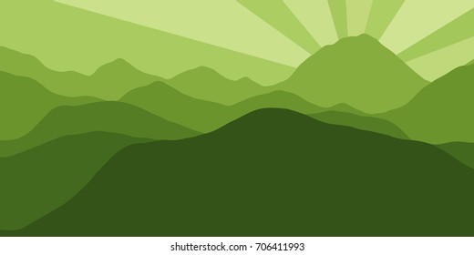 Vector panorama with a spacious view of the rising sun due to the mountain ranges. Flat material design style scenery of high hills and a dawn for the banner background or a website header