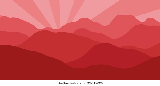 Vector panorama with a spacious view of the rising sun due to the mountain ranges. Flat material design style scenery of high hills and a dawn for the banner background or a website header