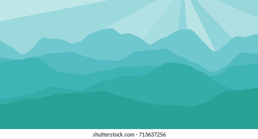 Vector panorama with a spacious view of the rising sun due to the mountain ranges. Flat material design style scenery of high hills and a dawn for the banner background or a website header
