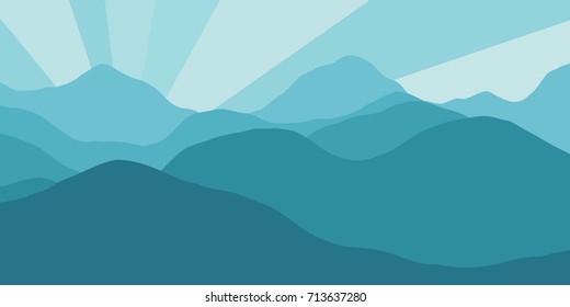Vector panorama with a spacious view of the rising sun due to the mountain ranges. Flat material design style scenery of high hills and a dawn for the banner background or a website header