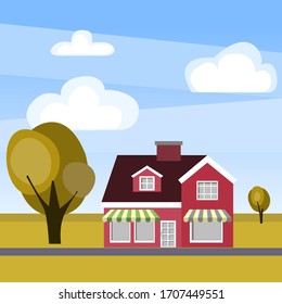 Vector panorama of the store building on the nature. Beautiful landscape of a sunny day and houses on a background of trees.