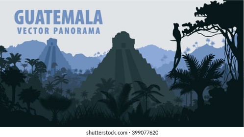 Vector panorama with Tikal pyramid in Guatemala Jungle Rainforest