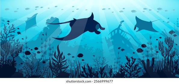 Vector panorama with underwater seascape. Illustration with silhouette of coral reef, school of fish, three mantas and sunken ship on a blue sea background. Marine flora and fauna.