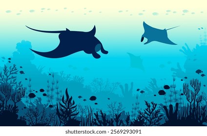 Vector panorama with underwater seascape. Illustration with silhouette of coral reef, school of fish, three mantas on a blue sea background. Marine flora and fauna.