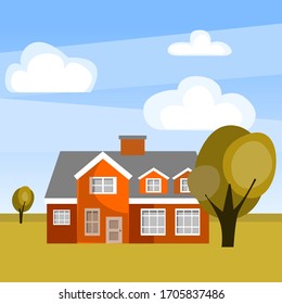 Vector panorama of a villa with large windows. Big house in the nature. Beautiful landscape of a sunny day and a mansion on a background of trees and clouds.