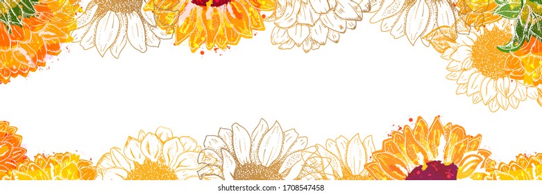 Vector panorama with watercolor sunflowers on a white background and copy space