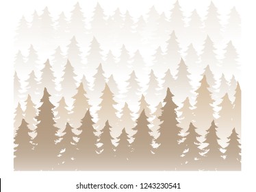 Vector panorama of wild coniferous forest in the morning fog