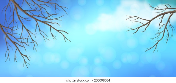 Vector panoramic banner. Blue sky with white cloud and bare tree branches