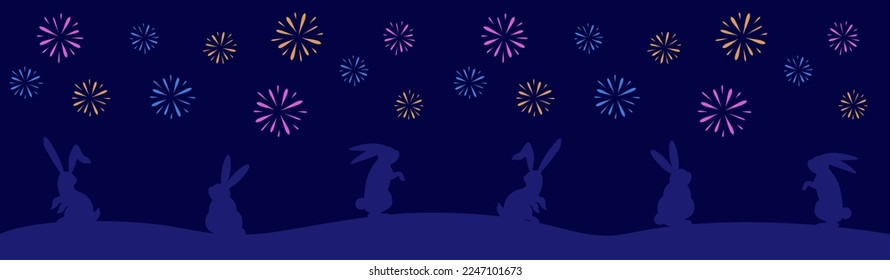 Vector panoramic banner with rabbits and fireworks, for Chinese holidays, New Year, lantern festival, greeting banners, invitations and other. 