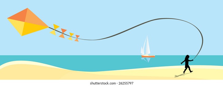 vector panoramic cartoon sunny day beach with white boat in the blue sea and running child with kite