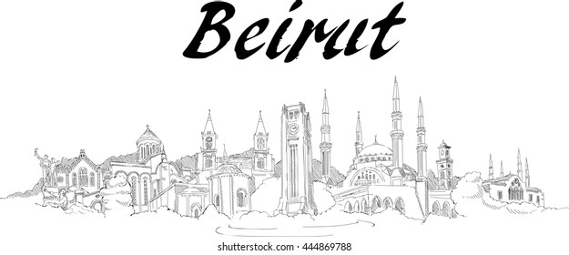 vector panoramic hand drawing beirut city illustration