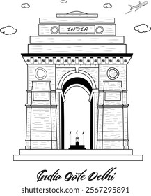 vector panoramic hand drawing sketch illustration of india gate delhi.