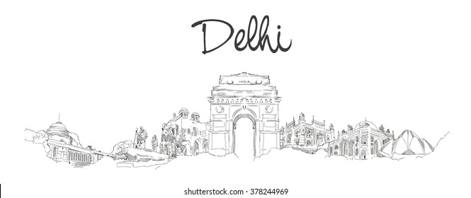 vector panoramic hand drawing sketch illustration of DELHI city