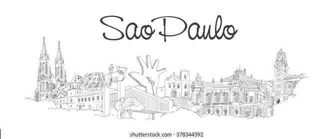 vector panoramic hand drawing sketch illustration of SAO PAULO city