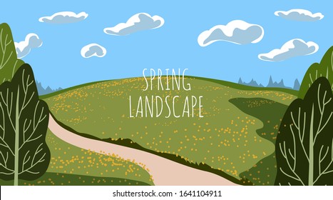 Vector panoramic illustration of beautiful spring or summer fields landscape with green hills, bright color blue sky and white clouds. Background in flat cartoon style