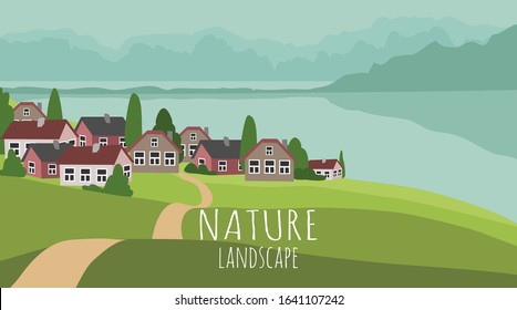 Vector panoramic illustration of beautiful spring or summer landscape with green hills, village surrounded by mountains and the sea. Background in flat cartoon style