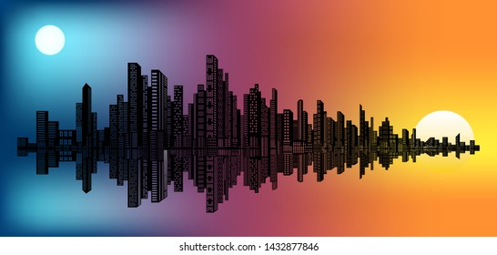 vector panoramic illustration city at day   night at the same time  sunset   the moon and cityscape reflected the water