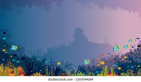 Vector panoramic illustration with coral reef and tropical fishes on a sea background. Underwater nature and marine wildlife.