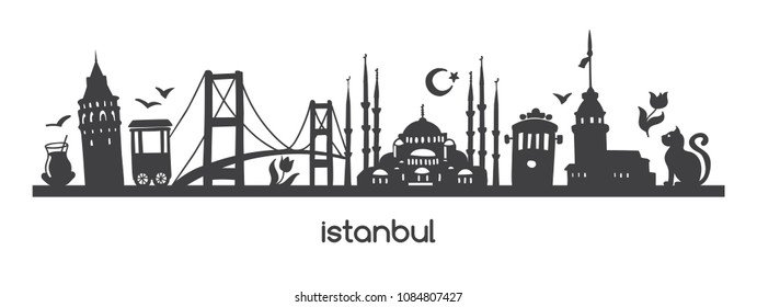 Vector panoramic illustration Istanbul with black silhouette of turkish symbols and landmarks of Turkey. Hand drawn elements: Galata tower, bridge, tram, mosque. Horizontal banner or print design. 