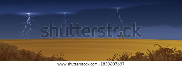 Vector panoramic illustration of rural
landscape. Lightning in the sky over the
farm.