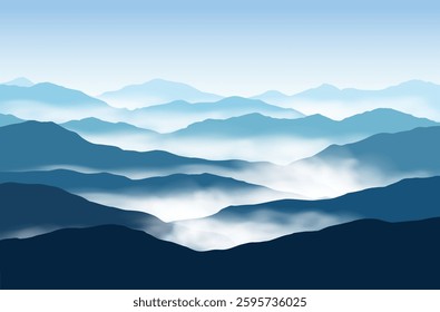 Vector panoramic landscape with blue misty silhouettes of mountains and clear sky