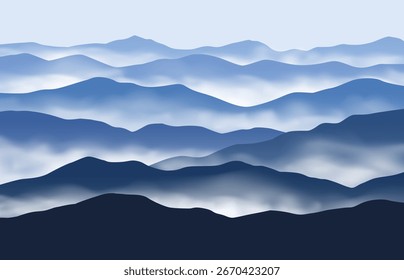 Vektor Panoramalandschaft mit blauen nebeligen Silhouetten der Berge und klaren Himmel