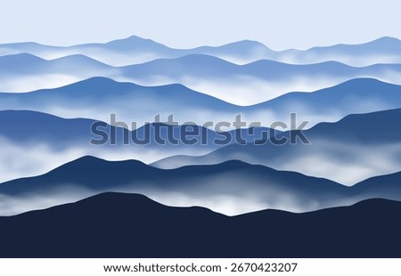 Vector panoramic landscape with blue misty silhouettes of mountains and clear sky