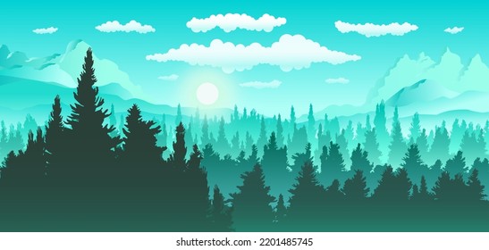 Vector panoramic landscape of forest with green and blue silhouettes of pine trees on mountain and hills background. Panorama scenery woodland pine forest in mountain range for wallpaper background.