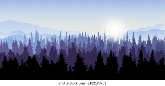 Vector panoramic landscape of forest with purple silhouettes of pine trees and hills background. Panorama scenery woodland pine forest in mountain range for wallpaper background.