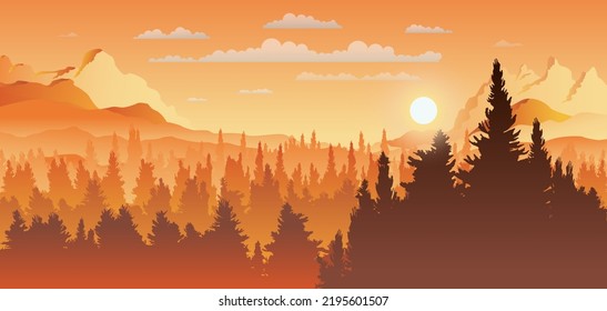 Vector paisaje panorámico de bosque al atardecer con siluetas de pinos sobre el fondo de las montañas y colinas. Paisaje panorámico bosque de pinos en la cordillera de montaña para fondo de fondo de fondo.