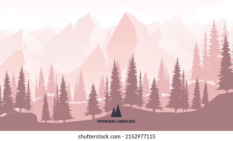 Vector panoramic landscape with shadows of mountains and pine forests. Natural background.