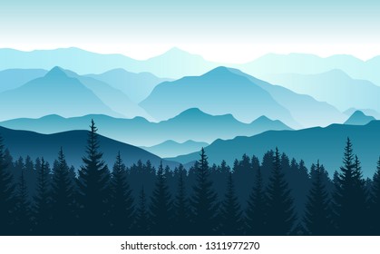 Vector panoramic landscape with silhouettes of blue foggy mountains and forest in front